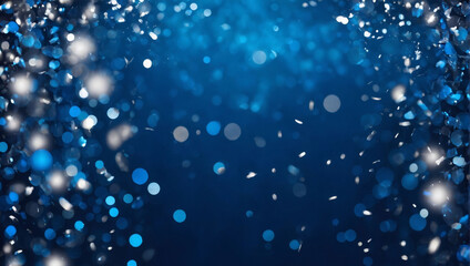 Abstract background with sapphire blue and silver particles. Christmas silver light shine particles bokeh on cobalt backdrop. Silver foil texture. Holiday concept.