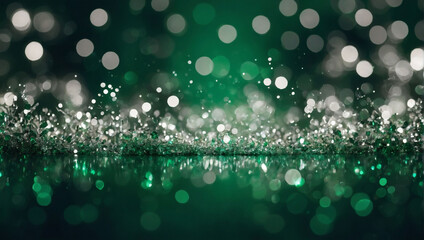Abstract background with emerald green and silver particles. Christmas silver light shine particles bokeh on forest green backdrop. Silver foil texture. Holiday concept.
