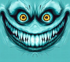 Close-up of the monster with a wicked grin full of sharp teeth. Evil creature. Creepy grimace of a scary character. Illustration for varied design. - obrazy, fototapety, plakaty