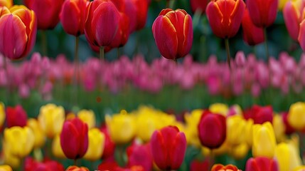   A field of red, yellow, and pink tulips with green stems in the foreground and pink and yellow tulips in the background