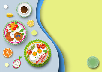 Healthy full breakfast menu with many food and drinks paper cut background. Fried eggs with bacon, sweet hotcake served on plate and coffee or tea beverage vector illustration with place for text
