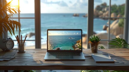 A laptop on a desk presents a serene virtual beach view, symbolizing remote work from an idyllic location for work-life balance