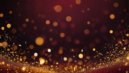 Abstract background with maroon and gold particles. Christmas golden light shine particles bokeh on wine backdrop. Gold foil texture. Holiday concept.