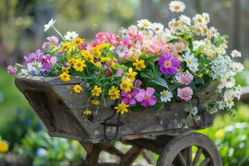 Fototapeta na wymiar A charming wooden wheelbarrow brimming with freshly picked Easter flowers.