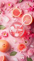 Overhead shot of a delightful citrus drink amidst a pink-themed setting with flowers and fruits