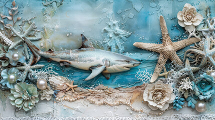 Shark in scrapbooking style. Sea animal with starfish, pearls and flowers. Vintage paper craft.