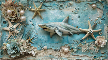Shark in scrapbooking style. Sea animal with starfish, pearls and lace. Vintage paper craft.