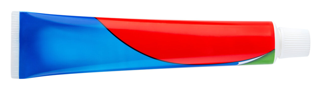 Toothpaste tube. Blue, red, white toothpaste tube. Gel, paste for brush tooth. Teeth cleaning. Dentist recommend for health care. Toothpaste  for fresh breath. Whitening paste. Isolated background
