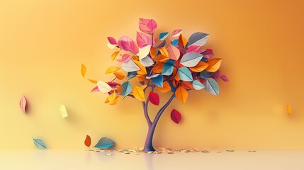 A tree with colorful leaves, primarily shades of orange and red, and yellow. The leaves are falling off the tree, creating a sense of movement and transition. The background is a warm orange tone, add