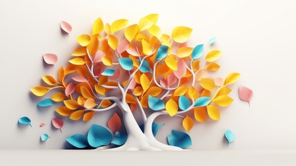 A white tree with colorful leaves, primarily orange and blue, with some pink leaves falling. The leaves appear to be made of paper. The background is a light gray color.