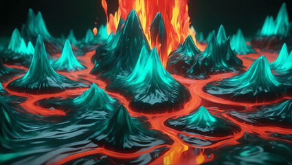 Visuals of liquid magma in shades of teal blue, fiery red, and forest green, pulsating and pulsing against a plain background with subtle lighting, capturing the essence of passion ULTRA HD 8K
