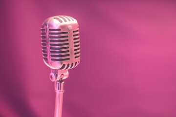 An iconic, retro-style microphone with a glossy chrome finish, presented against a solid, pastel pink background.