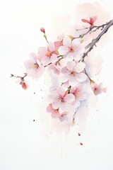 Watercolor painting of a sakura branch with several pink flowers. The background is white, paint streaks are visible below.