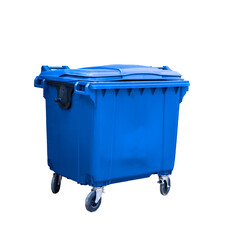 Blue plastic trash container on wheels isolate on a white background.