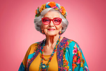 Portrait of an active bright extravagant happy elderly woman