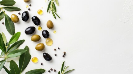 olives with twigs and fresh green leaves on flat white background. Space for text