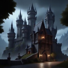 castle with a fantasy view, cloudy and foggy