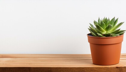 cactus in a flowerpot on a wooden table with a white background and copy space