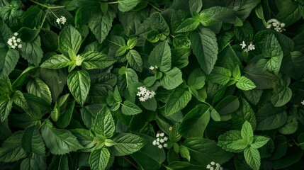 Vibrant image of a dense, lush arrangement of green leaves with delicate white flowers.