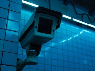 A close up of a security camera mounted on the wall. Generative AI.