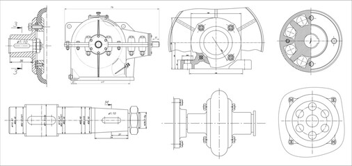 Vector engineering drawing of steel mechanical parts 
with through holes and dimension lines. Industrial 
cad scheme on paper sheet. Technology background.