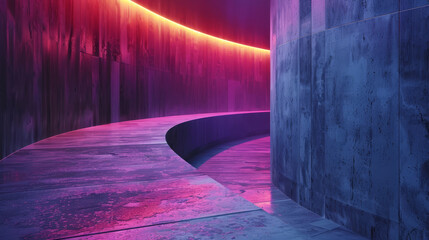 A long, narrow hallway with a pink and purple wall