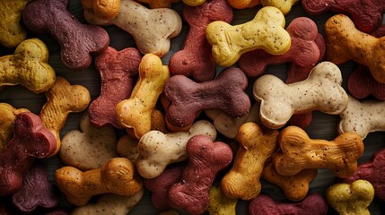 Close-up view of colorful bone-shaped dog biscuits in various flavors scattered on a surface.