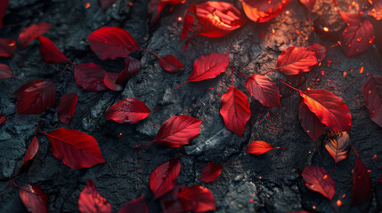 A close up of red leaves on a rock