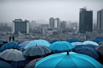 Crowd of individuals standing under umbrellas in heavy rain