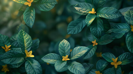 A close up of green leaves with yellow flowers