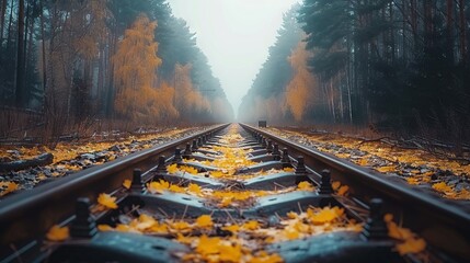   Train track in forest, yellow leaves, person on far end - Powered by Adobe