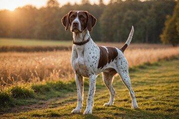 full body of Pointer dog on blurred countryside background, copy space