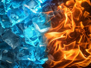 A close-up of two elements, ice and fire. Generative AI.
