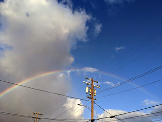 Vibrant Rainbow Peeks Through Clouds Above Power Lines On A Clear Day