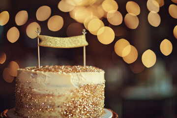 A mesmerizing shot of a decadent birthday cake adorned with a golden banner, bringing a touch of...