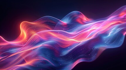 A holographic abstract 3d render of colorful neon curved waves on a moving dark background.