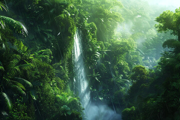 A cascading waterfall hidden deep within a dense jungle