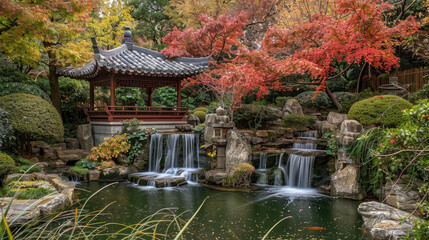 A view of a Japanese garden featuring a pond and waterfall surrounded by lush greenery and decorative stones