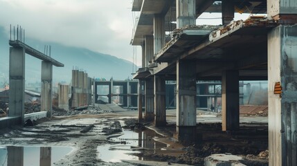Fototapeta premium Moody scene of an unfinished construction site with exposed concrete pillars and muddy ground.