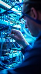 an IT technician is depicted working on network cables in an office environment. The scene is bathed in blue hues with focused lighting
