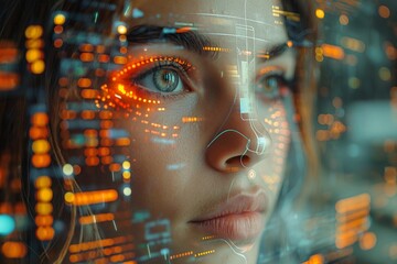A woman's face overlaid with glowing circuitry and technological data illustrating a concept of artificial intelligence or virtual reality