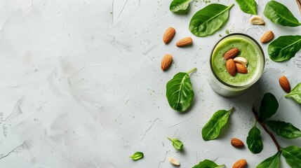 Top view of a fresh green smoothie in a glass, garnished with almonds and surrounded by spinach leaves and nuts on a textured white surface.