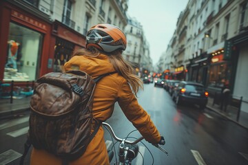 Beautiful American woman riding a bicycle on a road in a city street