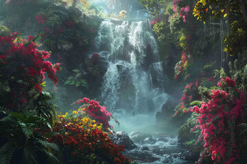 A cascading waterfall framed by lush greenery and colorful blossoms.