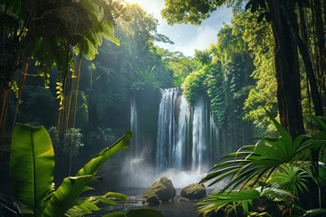 A cascading waterfall framed by towering trees and lush greenery.