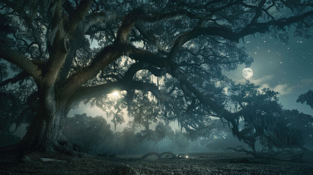 A dark forest illuminated by the bright light of a full moon hanging in the night sky