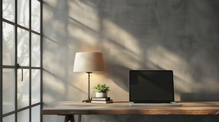 A cozy home office scene with a laptop, lamp, and plant on a wooden desk near a large window with shadows.