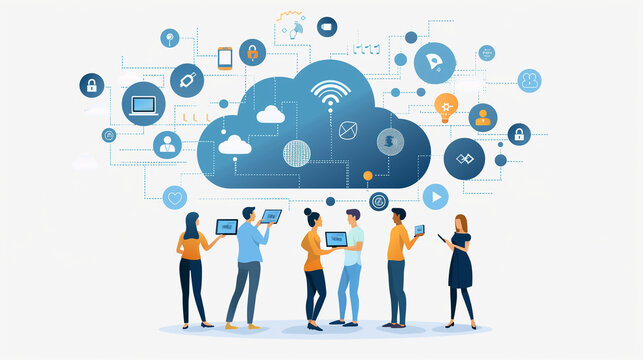 Cloud computing concept with professionals collaborating, featuring data security, connectivity, and digital transformation icons.