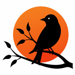 Bird Silhouette on Sunset Branch: Vector Illustration for Wall Art & Posters white background 