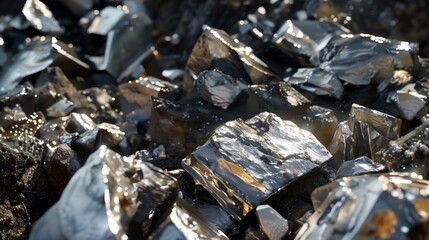 Close-up view of glistening obsidian rock shards with sharp edges and reflective surfaces.